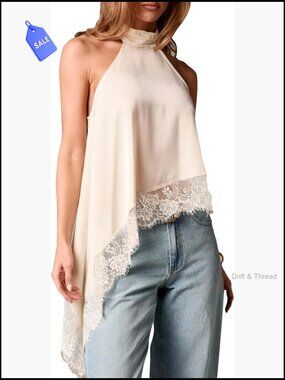 Y2K Mock Neck Lace Trim Satin Halter Tank Top Crop Tops Sleeveless Asymmetrical